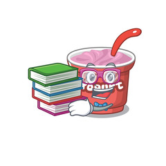 mascot cartoon of yogurt studying with book