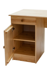An open drawer of a desk. Classical writing desk with drawers isolated on a white background.