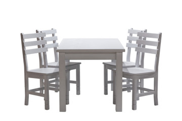 White table and six chairs for kitchen, isolated on white background, front view. Classical...