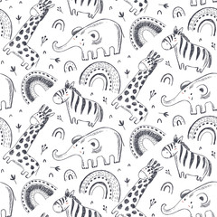 Vector seamless pattern with hand drawn African animals. Black and white endless background.