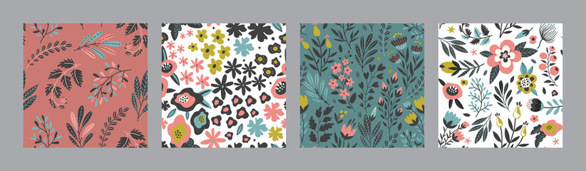Set of vector colorful natural floral seamless patterns