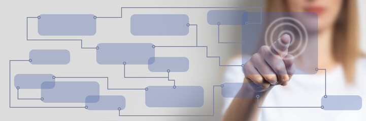 young girl points a finger, rectangular icons on a light background are added. Digital technology...