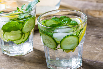 Detox water with lemon and cucumbers. Fresh water with lemon, mint and cucumber