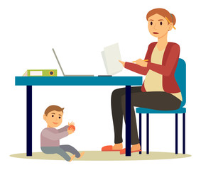 Pregnant woman working from home. Isolated expectant mother staying on maternity leave busy with papers. Son playing under table. Irritated lady with documents distant job, vector in flat style