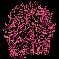 Cosmetics. Makeup products. Psychedelic pattern with a bright contour. Illustration on a black background.
