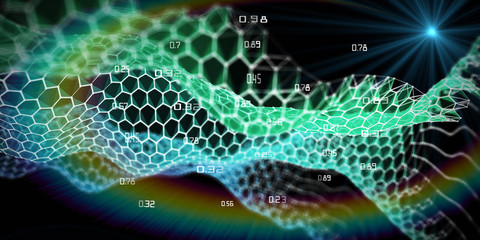 3D illustration. Abstract background  with hexagon wave data analytic.  Color hexagon grid . Technology and business analyze concept. Computer communication technology.  Big data.