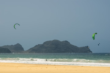 White sand beach where Kitesurfing is practiced on the island of Sao Vicente in Cape Verde