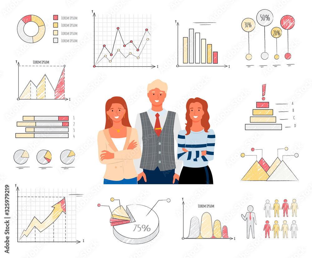 Poster people wearing suits and formal clothes vector, teamwork analysing info charts and data received fro