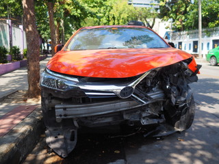 Car crash accident on road, Damaged automobiles after collision in city, Front of car get damaged by accident on the road.