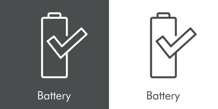 S&iacute;mbolo de bater&iacute;a cargada. Bater&iacute;a con tilde. Icono plano lineal en fondo gris y fondo blanco