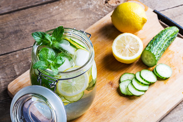 Fresh water with lemon, mint and cucumber.
