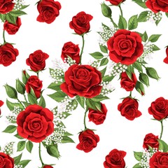 Red rose flowers and green leaves elements vector seamless pattern