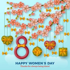 Fototapeta na wymiar Happy Womens Day background with figure eight, sakura blossom branch and hanging gift boxes against the blue sky with clouds