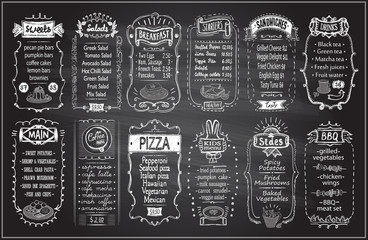 Chalk menu set on a blackboard - sweets, salads, breakfast, starters, sandwiches, etc. - obrazy, fototapety, plakaty