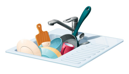 A kitchen sink with a tap full of dirty dishes. Vector illustration on a white background.