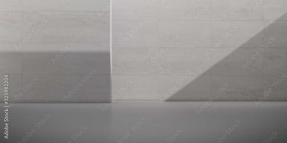 Aufkleber Abstract of architecture space with rhythm of concrete block with sun light cast shadow on the wall. Cement texture. 3D rendering.