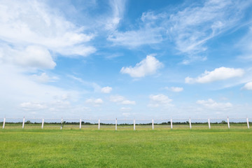 Fototapeta premium Outdoor background of grass field and fence area with blue sky and white clouds.