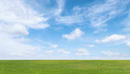 Green grass field and blue sky with white clouds. Beautiful landscape background. - Powered by Adobe