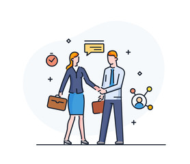 Businessmen shake hands with businesswoman. Virtual communication smartphone. Cooperation interaction. Success, Cooperation. line icon illustration