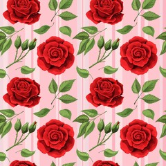 Red rose flower bouquet spreads leaves seamless pattern wallpaper