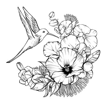 recommend clip art: Composition bouquet with tropical exotic flowers and humming bird