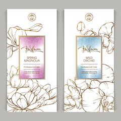 Stylish design parfum with graphic illustration of magnolia and orchid flowers on abstract watercolor background.