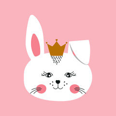 Cute cartoon bunny princess. Greeting card with charming face rabbit on pink background.
