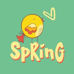 cute bird. Hello Spring. hand sketched logotype, badge typography icon. Vector colorful illustration. Can be used for decoration, invitation, greeting card, posters template