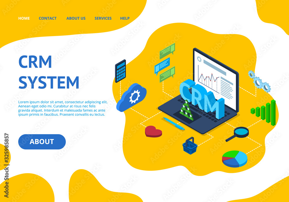 Poster crm system concept card landing web page template. vector