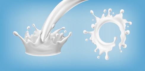 Realistic 3d Detailed White Milk Splash Set. Vector
