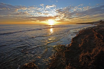 Marbella coastline at sunset, Spain.