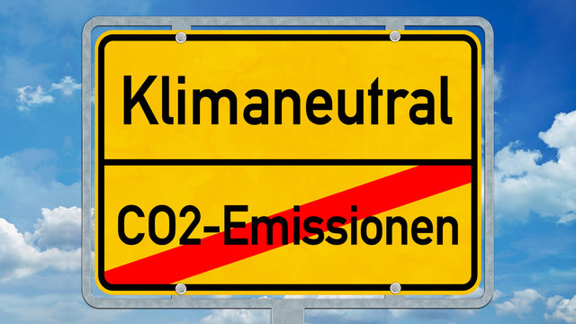 osg63 OrtsSchildGrafik osg - Ortsschild mit der Aufschrift: Klimaneutral versus CO2 Emissionen - 16zu9 g9108