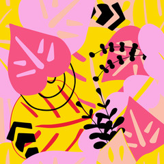 Abstract tropic seamless pattern. Background of tropical leaves and doodles.wallpater with pink yellow colors and hand drawn floral elements. Vector