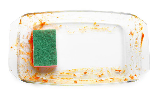 Dirty Empty Baking Dish With Sponge On White Background