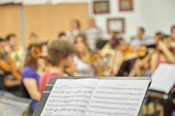Classical music orchestra rehearsing