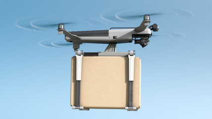A drone is flying with a cardboard box. Blue sky in background. Photorealistic 3d rendering.