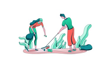 People clearing litter at the park with bag, volunteer picking and sorting garbage, team reduce plastic pollution of environment, recycle trash, flat cartoon vector ecology illustration