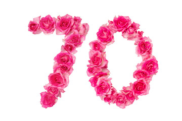 Number 70 made from pink roses on a white isolated background. Element for decoration. Anniversary,...