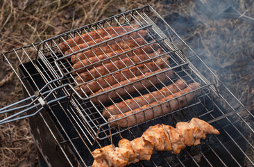 meat on grill skewer outdoor camping outside bbq cooking
