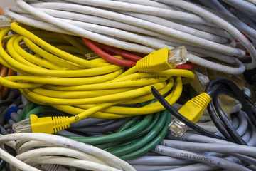 Multicolored network computer wires, close-up