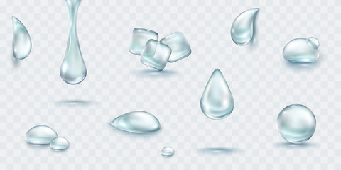 Water rain drop set isolated on transparent background. Realistic collagen droplet collection. Vector blue clear bubbles, aqua elements or dew template..
