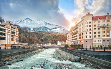 Река и горы Mzymta River and the snowy peaks of the mountains