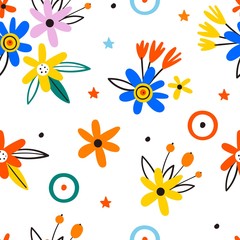 Trendy Seamless Floral Pattern In Vector. Blossom Floral in the blooming botanical Motifs. Spring cheerful abstract pattern. Summer wildflowers on a white background.