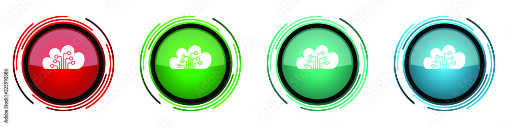 Poster cloud computing round glossy vector icons, technology, circuit, data set of buttons for webdesign, i