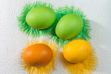 Ostereier beim färben mit grüner und gelber Farbe 038713