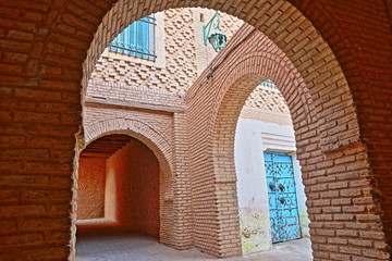 The historical medina of Nefta, Tunisia, decorated with patterns of bricks and arcades