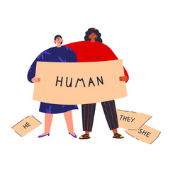 Young women standing with placard human.Inscription she,he,they.Gender-neutral movement.Teenager without gender stereotypes.Flat cartoon character on white background.Colorful vector illustration