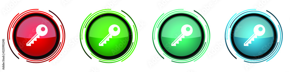 Aufkleber Key round glossy vector icons, set of buttons for webdesign, internet and mobile phone applications in four colors options isolated on white background