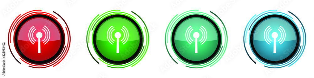 Poster Wifi round glossy vector icons, set of buttons for webdesign, internet and mobile phone applications in four colors options isolated on white background