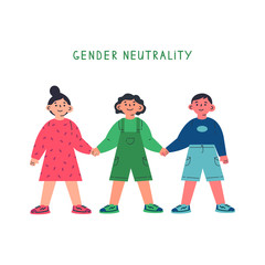 Girl, boy and gender neutral child holding hands.Gender neutrality.Blu,pink,green colour.Break the binary concept.No discrimination.Cartoon character on white background.Colorful vector illustration